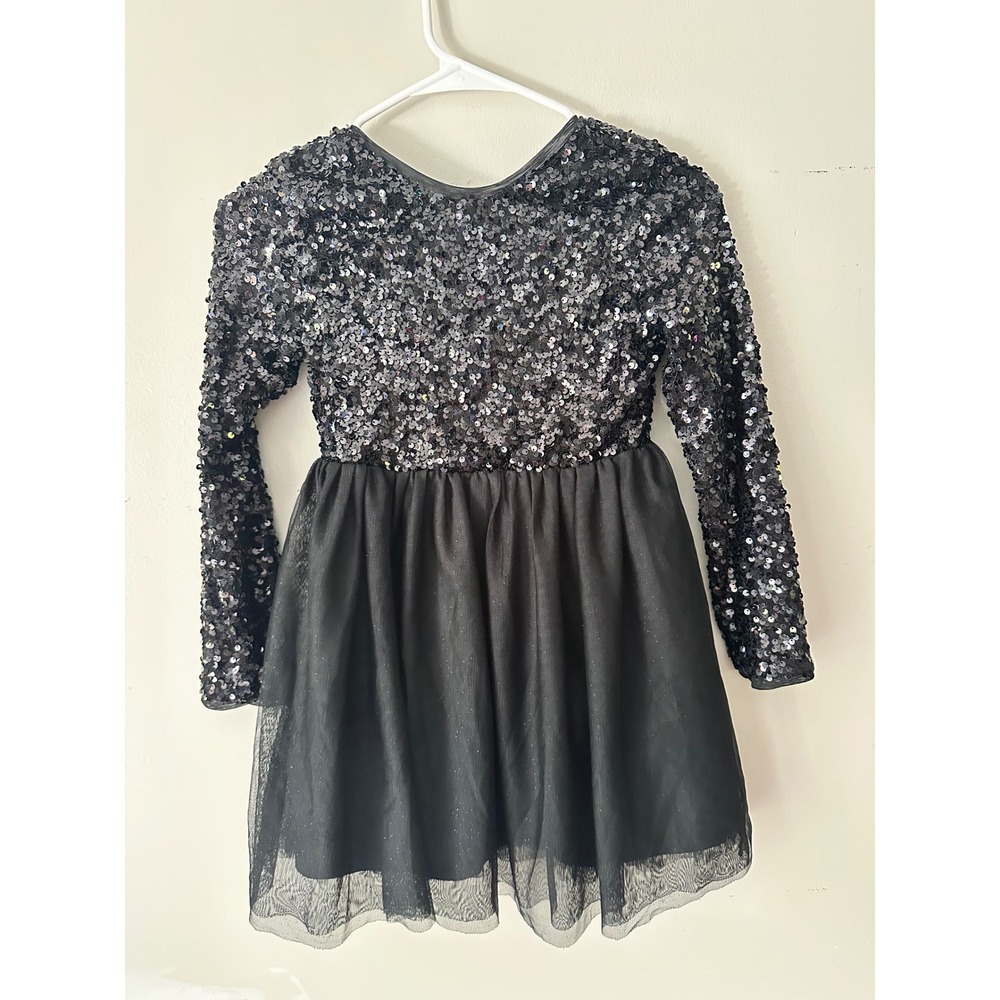 Cat & Jack Girls Black Sequin Tulle Long Sleeve Party Dress Size M 8